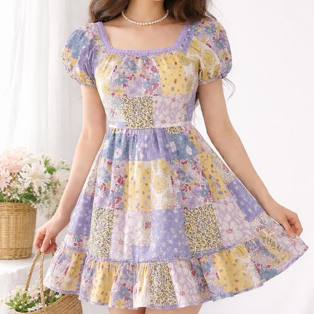 Vintage Patchwork Mini Dress Puff Sleeve Babydoll CottageCore Prairie Boho Fairy